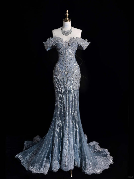 ✨💎Silver Blue Luxurious Heavy Industry Sparkling Gorgeous Elegant Exquisite Beading Stunning Long Mermaid Dress Sequin Floor Length Trailing Prom Dress Evening Dress Wedding Dress gh4114