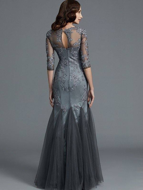 Sheath/Column Scoop Applique 1/2 Sleeves Tulle Floor-Length Mother of the Bride Dresses - RongMoon