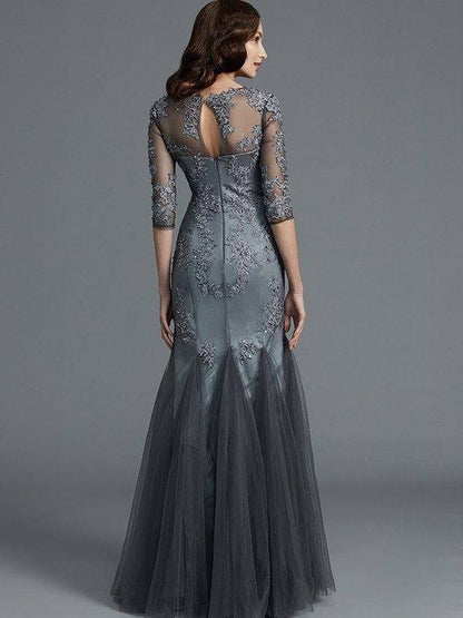 Sheath/Column Scoop Applique 1/2 Sleeves Tulle Floor-Length Mother of the Bride Dresses - RongMoon
