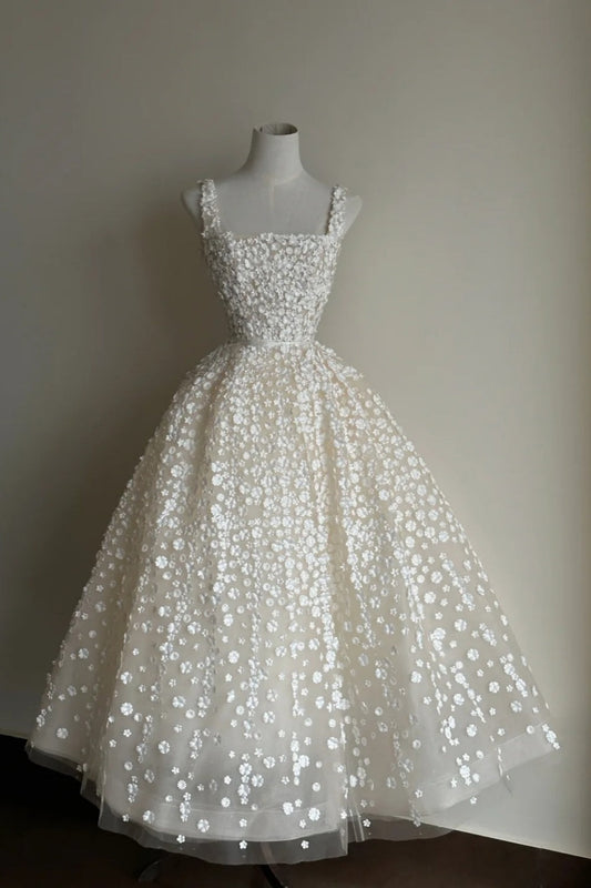 White delicate floral long chiffon evening gown wedding dress gh6804