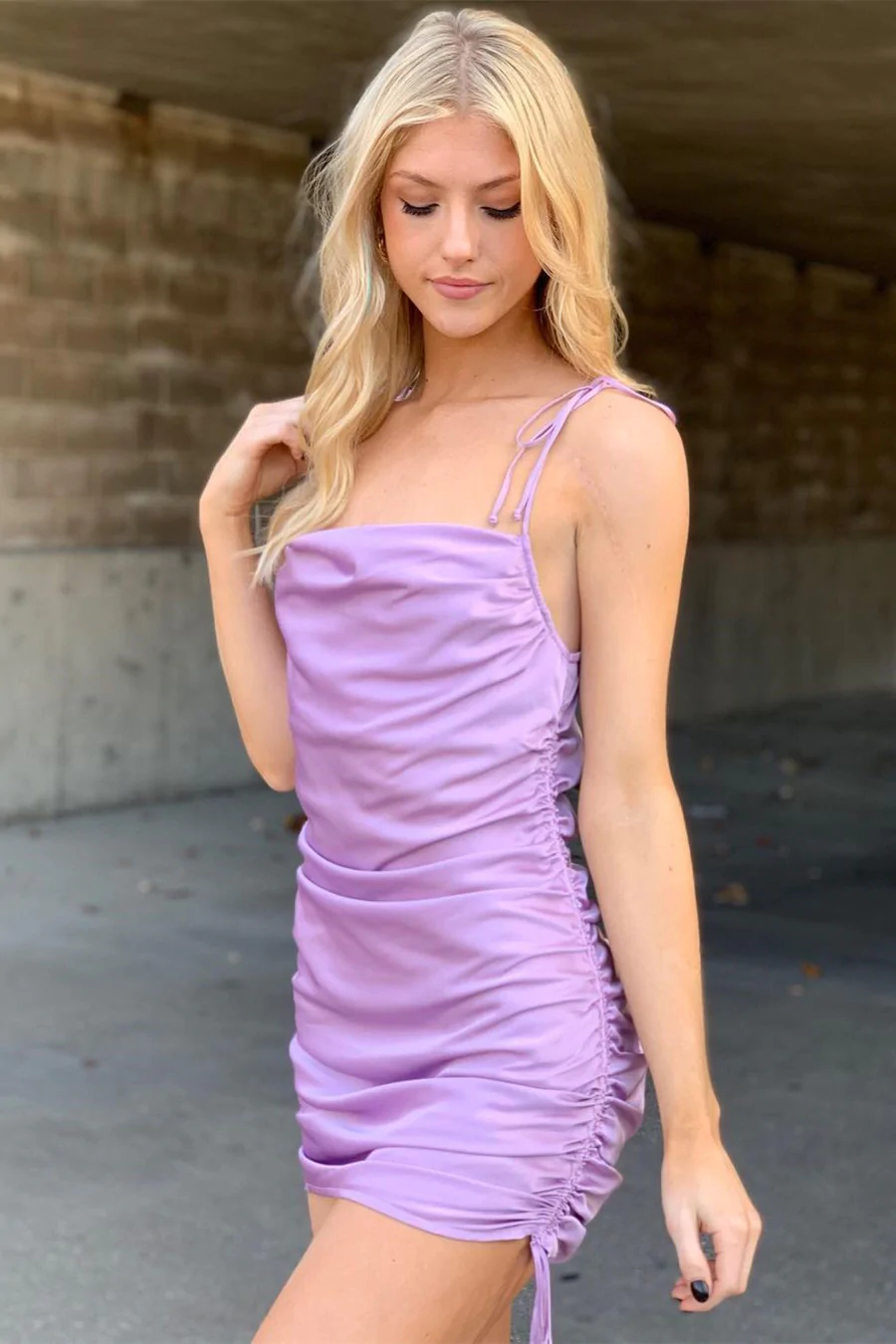 Tie Shoulder Lilace Pleated Homecoming Dress Party Dress c3380