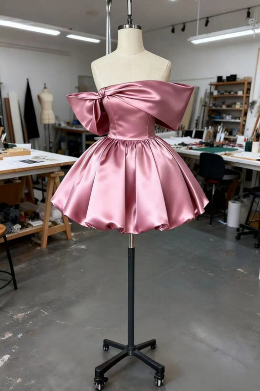 girlhomeshops-Birthday dress, pink short satin back-to-school dress, Hoco dress gh6160