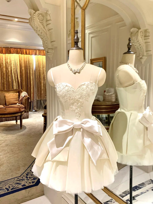 Girlhomeshops-White bow short satin tulle homecoming dress birthday party dress eighth grade dress gh5292