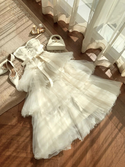 Viral Trend! Cream Satin Tie-Waist Dress Date Night Fairy Gown gh7002