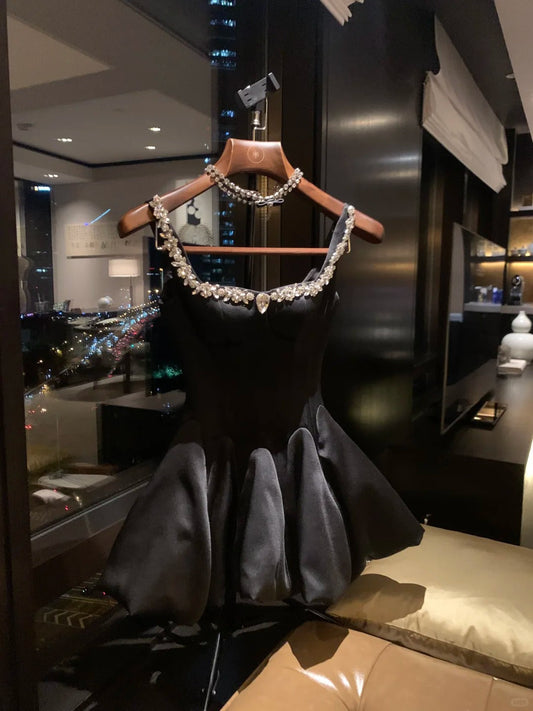 Girlhomeshops-Black short satin princess homecoming dress birthday party dress eighth grade dress gh5298