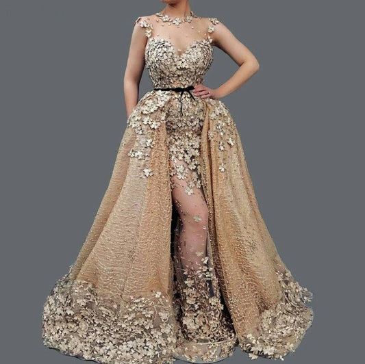 Champagne Muslim Evening Dresses Mermaid Cap Sleeve Lace Flowers Pearls Islamic Dubai Saudi Arabic Long Formal Evening Gown - RongMoon