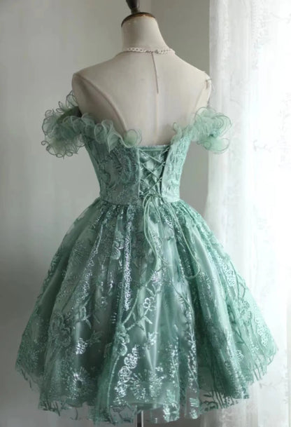 Green girl cute one shoulder flower bud print short princess dress adult birthday party homecoming dress gh4325