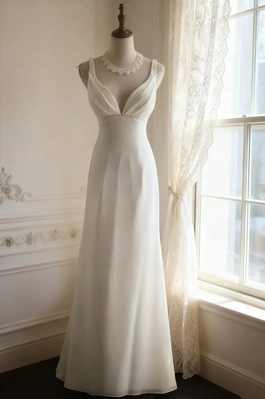 girlhomeshops-Sleeveless White Chiffon Mermaid Wedding Dress, Minimalist Elegant Slim - fitting Floor - length Wedding Gown gh5831