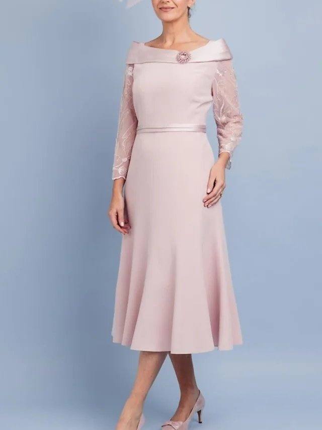 A-Line Mother of the Bride Dress Elegant Jewel Neck Tea Length Lace Satin Long Sleeve with Pleats Beading - RongMoon