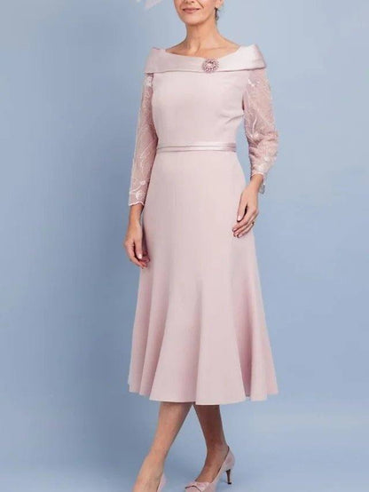 A-Line Mother of the Bride Dress Elegant Jewel Neck Tea Length Lace Satin Long Sleeve with Pleats Beading - RongMoon