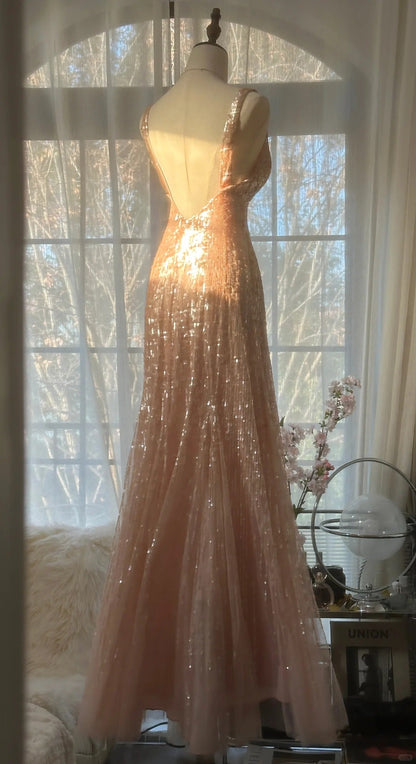 Pink Gorgeous Shiny Exquisite Beaded Spaghetti Strap V-Neck Long Sequin Chiffon Ball Gown Evening Gown Party Dress gh4094