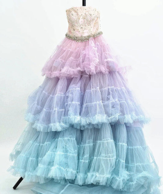 Girlhomeshops-Pink purple blue colorful fashion gradient gorgeous beading shiny elegant long layered tulle ball gown gh5321