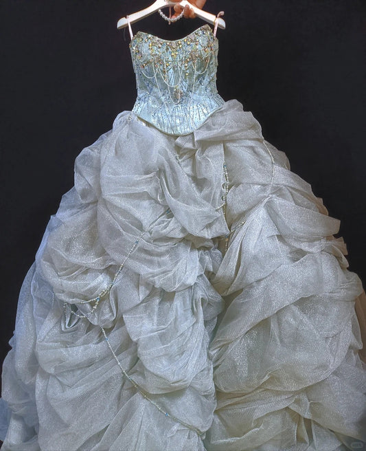 Girlhomeshops-Gray-blue gorgeous gold beading fashionable and elegant long layered princess tulle ball gown gh5325