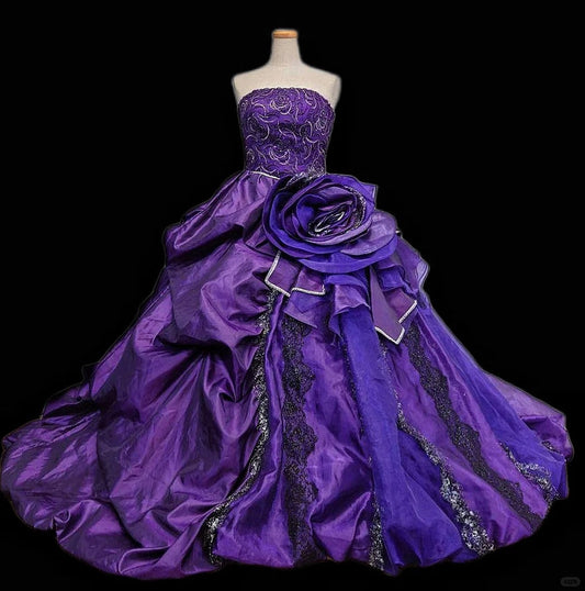 Girlhomeshops-Purple floral beaded fashionable gorgeous elegant long tulle ball gown gh5324