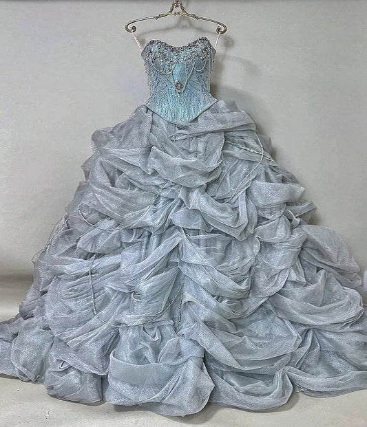 Girlhomeshops-Ice blue gorgeous silver beading fashionable and elegant long layered princess tulle ball gown gh5326