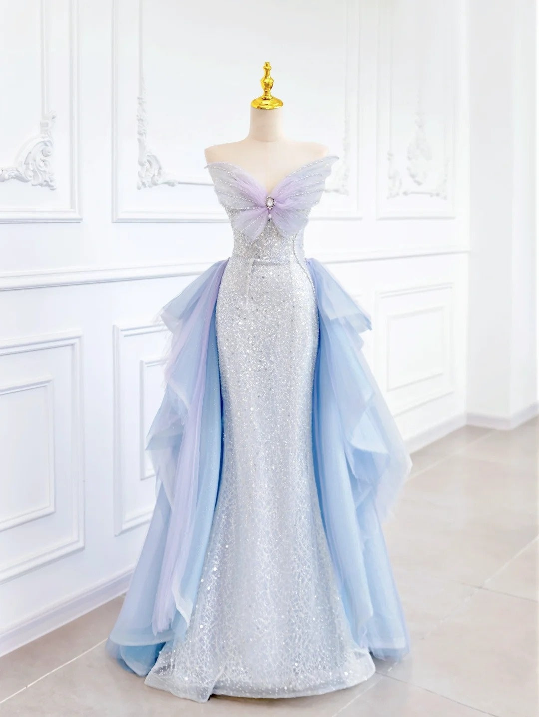 🦋Blue Butterfly Gorgeous Shiny Elegant Sequined Long Mermaid Tulle Ball Gown Evening Dress gh4272
