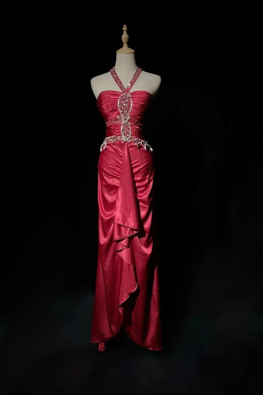 girlhomeshops-Pink Delicate Beaded Long Satin Prom Dress gh6241