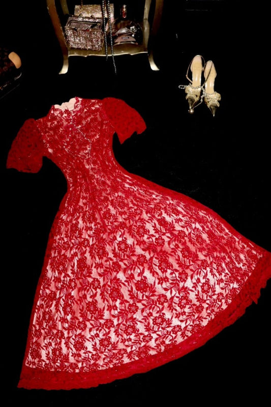 Exquisite Red Lace Short Birthday Dress Cocktail Dress gh6818