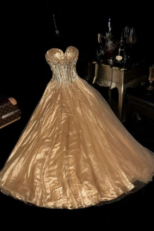 Golden, gorgeous, shiny, elegant long graduation gown, evening gown gh6813