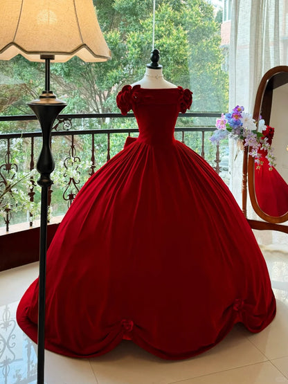 Girlhomeshops-Burgundy Elegant Retro Long Velvet Quinceanera Dresses Prom Dress Graduation Dress Princess gh5005