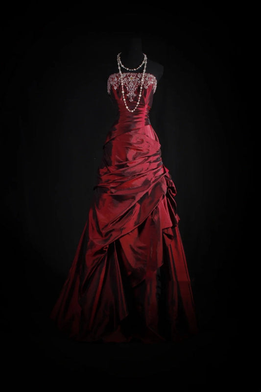 girlhomeshops-Burgundy Satin Beaded Strapless Sleeveless Floor-Length Ruffled Gown gh6316