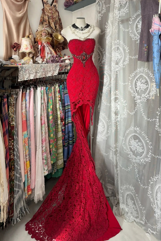 Exquisite red lace fishtail long evening gown gh6684
