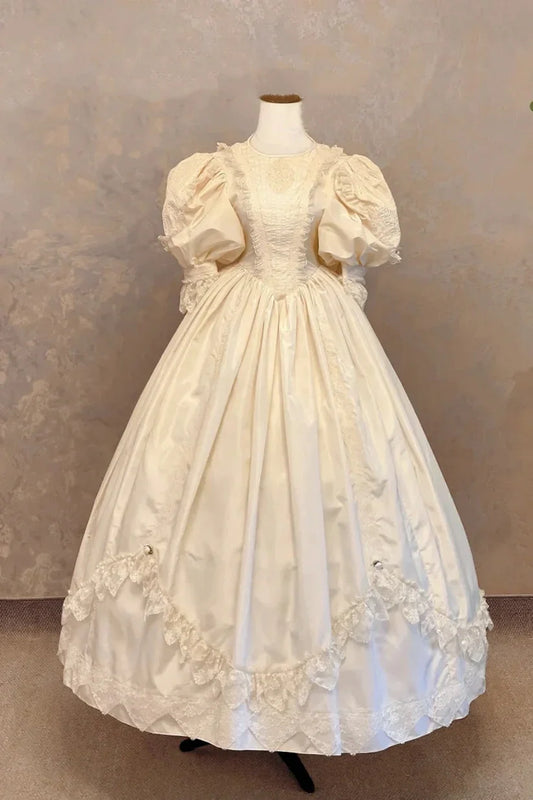 girlhomeshops-Wedding Dress Cream Satin Puff-Sleeve Lace-Embellished Floor-Length Victorian-Style Gown gh6369