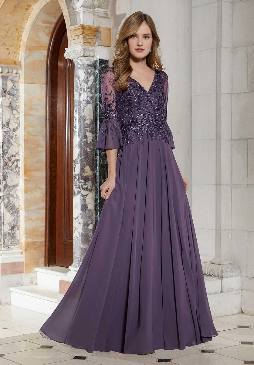 V-neckline transparent elbow sleeves lace and floor length gown evening dresses