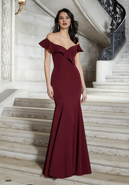 Mermaid off shoulder collar with ruffled edges and ground length godons evening dresses