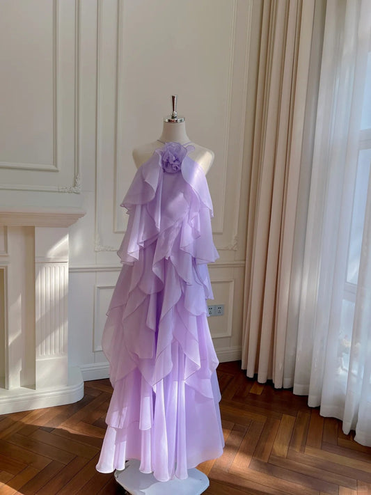 Purple romantic lace long suspender chiffon dress Holiday Dress gh6793