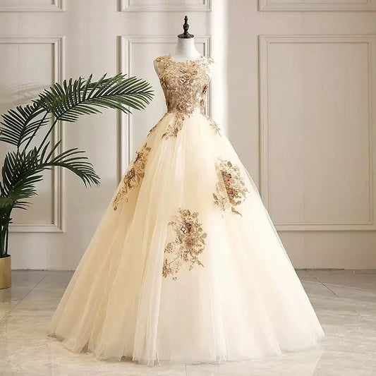 Girlhomeshops-Champagne shimmering gold gorgeous floral bead decoration and formal ball dress with lace up, stunning wedding dress gh5311
