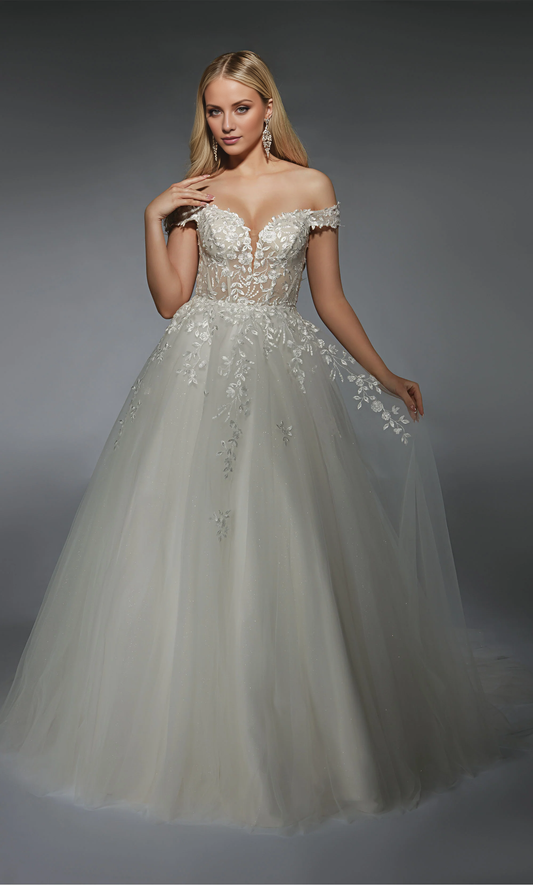 Sheer lace off shoulder phantom lace decal wedding dress