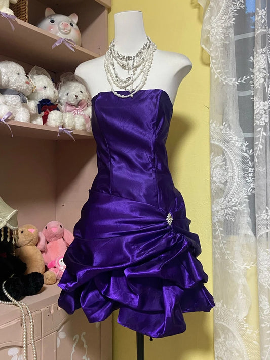 Girlhomeshops--Purple retro elegant short satin prom dress gh5512