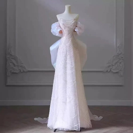Girlhomeshops-Pink gorgeous sparkling pearl pearl embellishment long tulle and floor formal ball dress gh5315