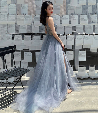Blue tulle beads long prom dress blue evening dress  10453