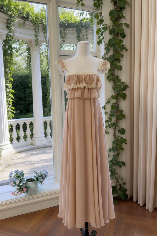 Blush Pink Chiffon Ruffle Lace Flutter Sleeve Gown - Vintage Ethereal Backless Maxi Dress gh6962