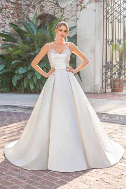 A-line V-neck sleeveless thin shoulder strap beaded backless and floor length wedding dress