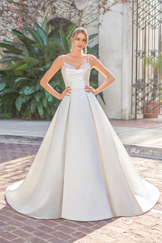 A-line V-neck sleeveless thin shoulder strap beaded backless and floor length wedding dress