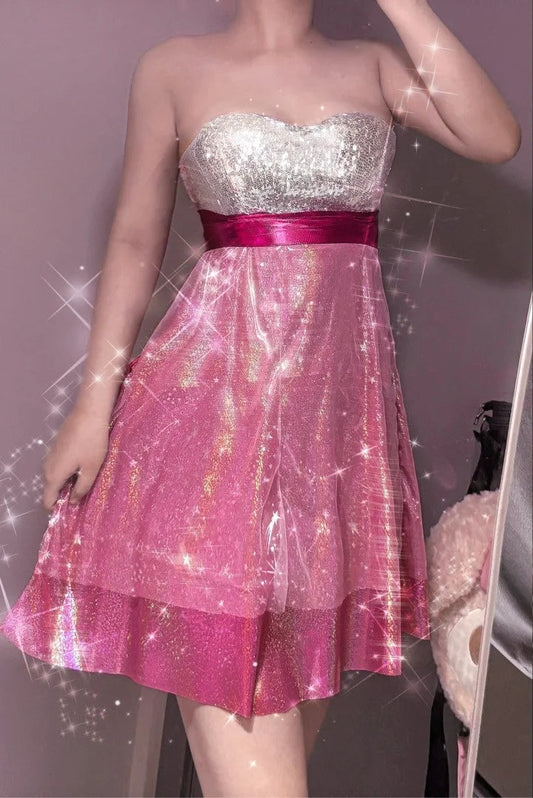 Festival Glow Silver-Pink Sequin Dress - Iridescent Laser Strapless Cool Sweet Party Mini Dress gh6979