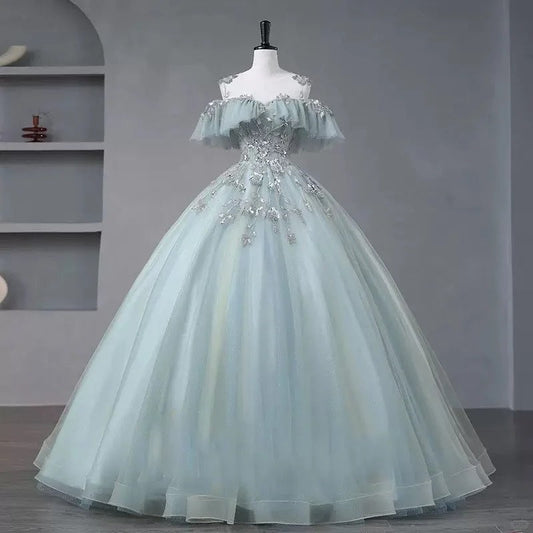 Girlhomeshops-Light green floral bead decoration long chiffon tulle graduation dress, adult ceremony dress, ball dress, prom dress, 16-year-old dress, model dress gh5310