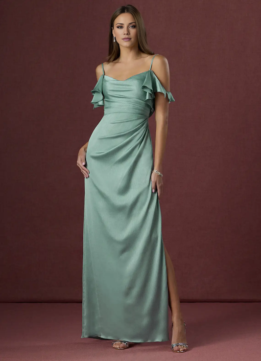 Jimiss slim shoulder strap boat collar side slit and floor length Prom dress