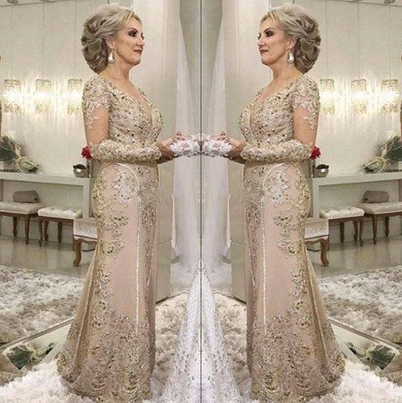 Plus Size Mother Of The Bride Dresses Mermaid V-neck Long Sleeves Tulle Appliques Beaded Long Wedding Party Dress Mother Dresses - RongMoon