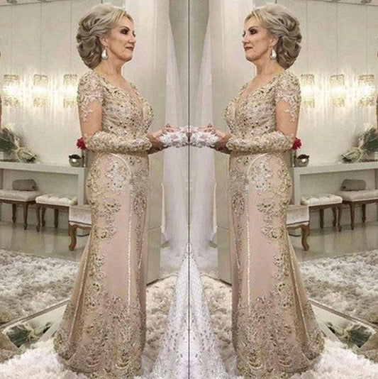 Plus Size Mother Of The Bride Dresses Mermaid V-neck Long Sleeves Tulle Appliques Beaded Long Wedding Party Dress Mother Dresses - RongMoon