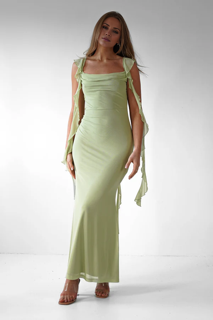Square neck backless ruffle edge detail long Prom dress - Jimiss Dress