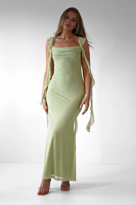 Square neck backless ruffle edge detail long Prom dress - Jimiss Dress