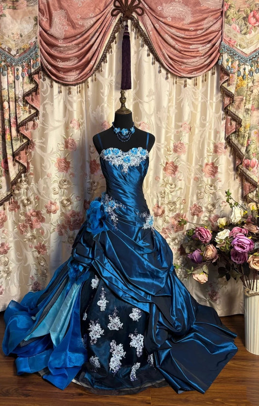 girlhomeshops-Vintage Court Style Royal Blue Satin 3D Floral Spaghetti - Strap Floor - Length Evening Dress gh5882