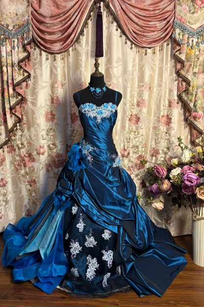 Luxury Court Style Deep Sea Blue Gradient Satin Embroidered Train Gown - Theme Ball & Dinner Dress gh6543