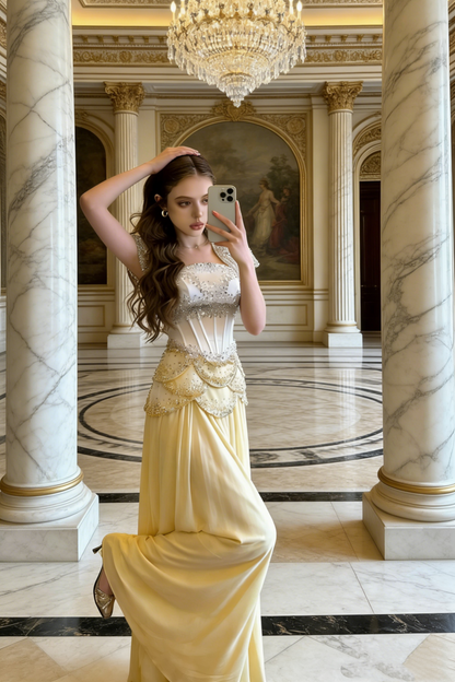 Opera Aesthetic White-Yellow Crystal Gown - Opera Style Corset Ruffled Beaded Satin Maxi Dress gh6983