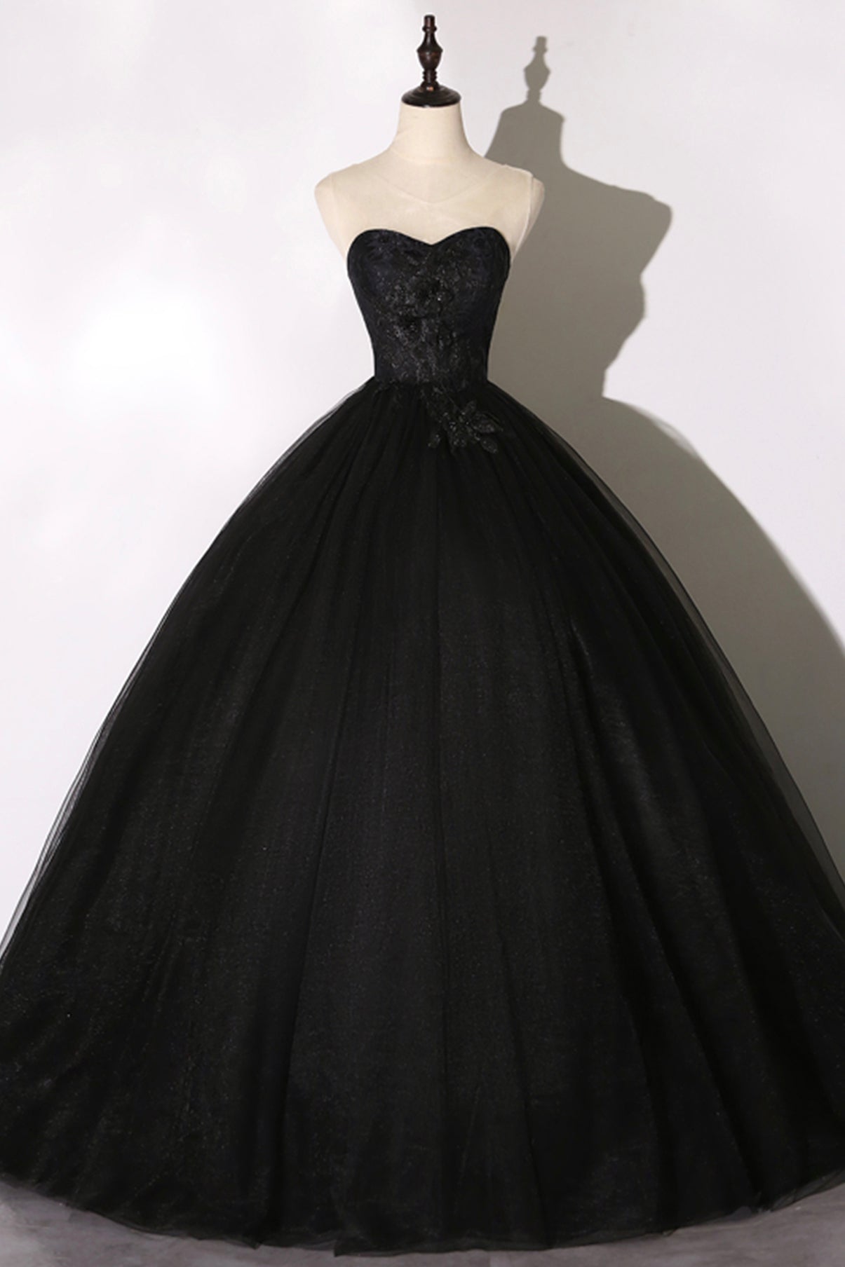 Black Delicate Lace Floral A-Line Long Tulle Ball Gown Evening Dress 8641