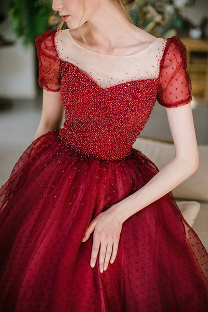 Burgundy Sparkling Beaded A-line Long Tulle Elegant Ball Gown Evening Dress 8645